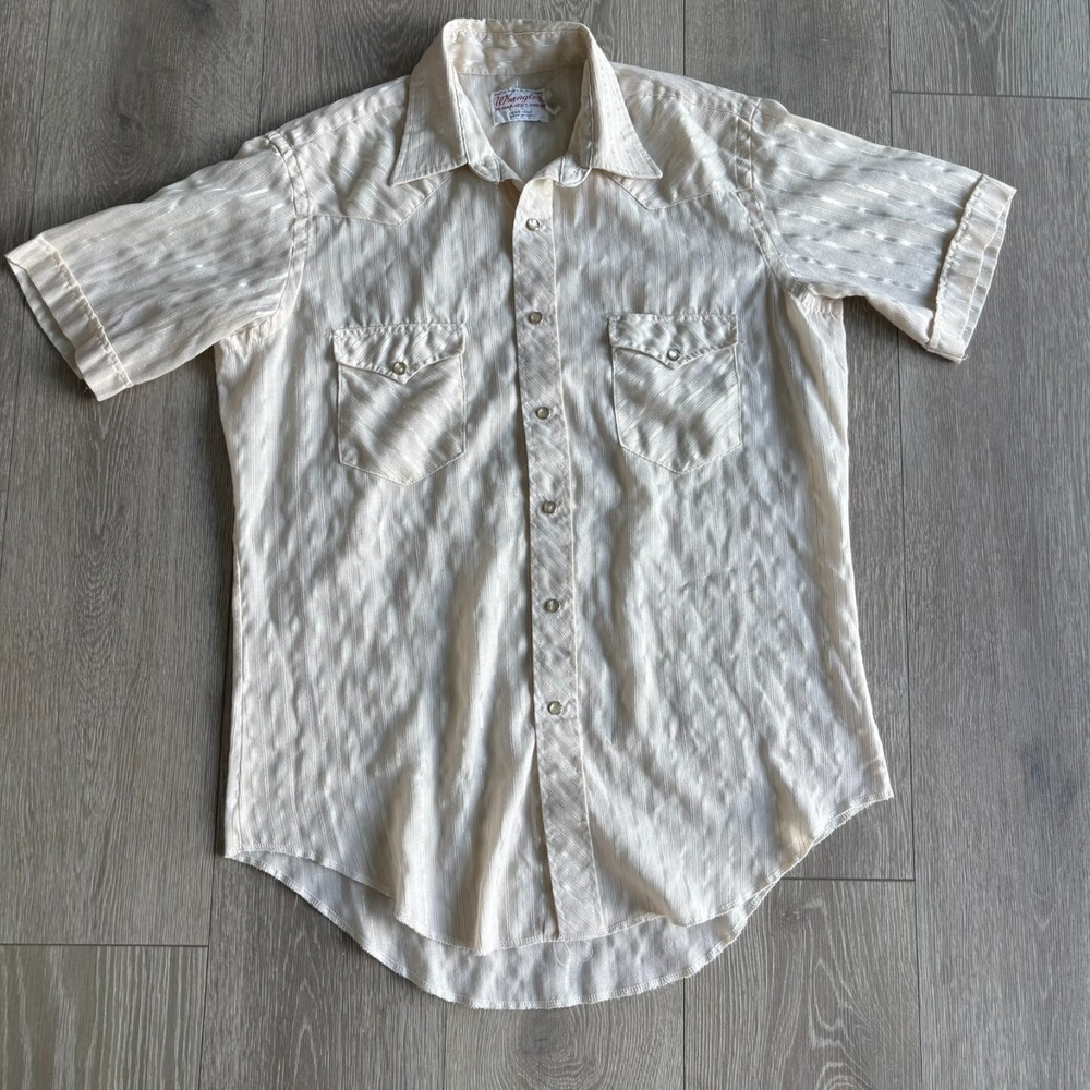 VTG Wrangler Womens Beige Dobby Stripe USA Made Pearl Snap Button-Up Shirt Sz 16